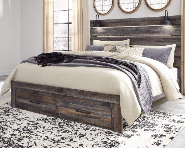Drystan - Brown / Beige - King Panel Bed With 2 Storage Drawers