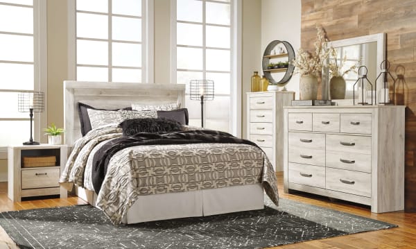 Bellaby - Whitewash - 7 Pc. - Dresser, Mirror, Chest, King Panel Headboard With Bolt On Bed Frame, 2 Nightstands