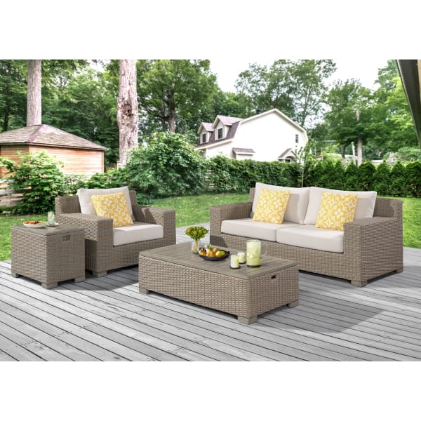 Ollie - 4 Piece Patio Conversation Set (Sofa, Chair, Rectangular Coffee Table & Cooler Box) - Tan And Olefin White Cream