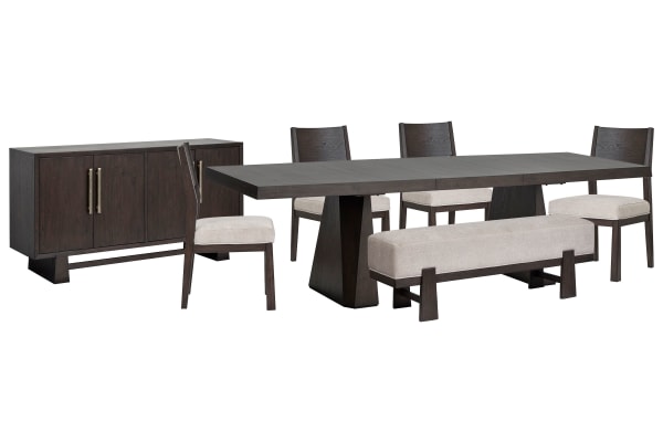 Tauren - Extendable Double Pedestal Dining Table With 4 Side Chairs, Bench And Buffet - Coffee Bean / Beige