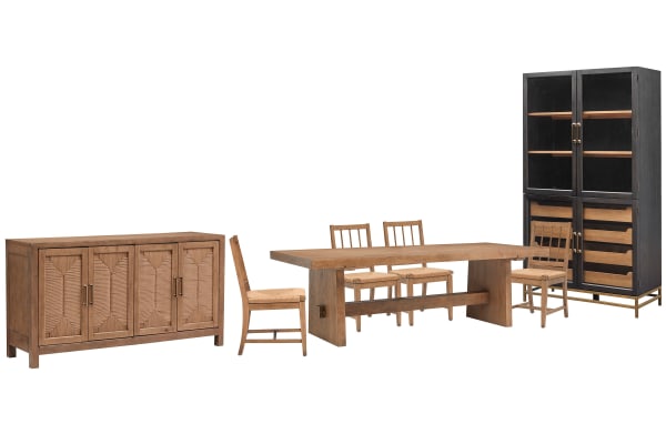 Lindon - Trestle Dining Table With 4 Paper Cord Side Chairs, Buffet And Cabinet - Belgian Wheat