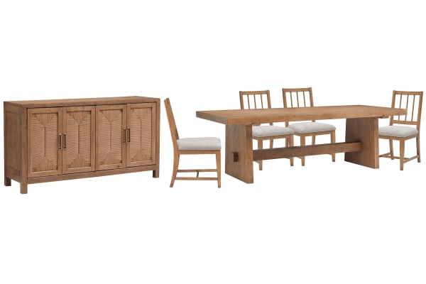 Lindon - Trestle Dining Table With 4 Side Chairs And Buffet - Belgian Wheat / Gray