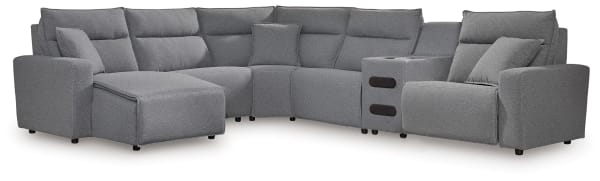 Modmax II - 6-Piece Power Reclining Sectional With LAF Press Back Power Chaise And Audio Console - Salt And Pepper