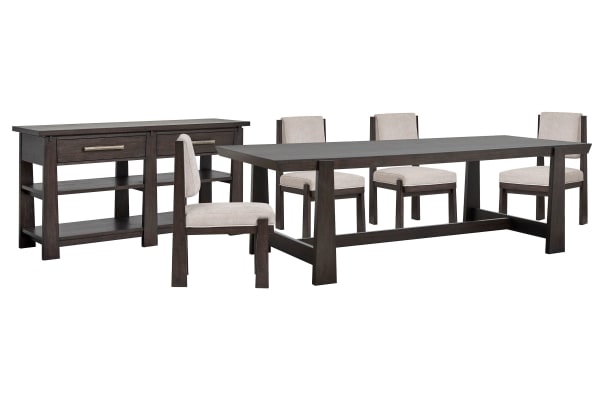 Tauren - Trestle Dining Table With 4 Upholstered Side Chairs And Sideboard - Coffee Bean / Beige