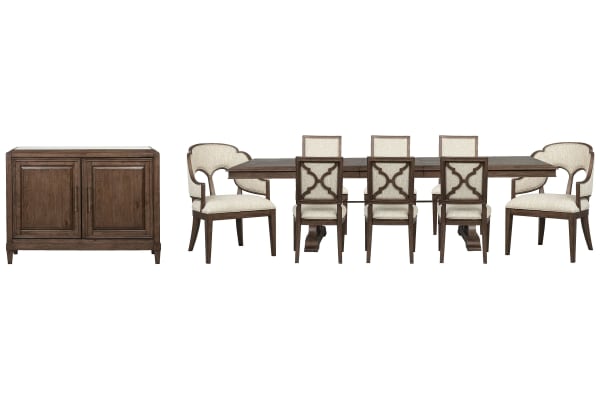 Jubilee - Extendable Trestle Dining Table With 6 Side Chairs, 2 Arm Chairs And Bar Cabinet - Brown / White