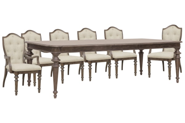 Saddle Creek - Extendable Leg Dining Table With 6 Upholstered Arm Chairs - Timber Brown