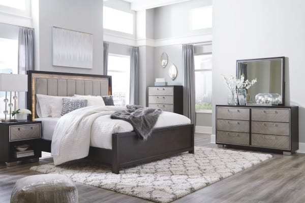 Maretto - Brown / Beige - 5 Pc. - Dresser, Mirror, California King Upholstered Panel Bed