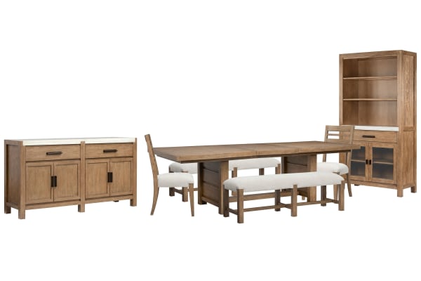 Plum Creek - Trestle Dining Table With 2 Benches, 2 Side Chairs, Server And Display Cabinet - Sierra Brown