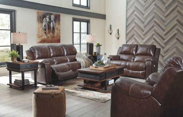 Rackingburg - Mahogany - 6 Pc. - Reclining Power Sofa, Reclining Power Loveseat, Power Rocker Recliner, Stanah Lift Top Cocktail Table, End Table, Chair Side End Table