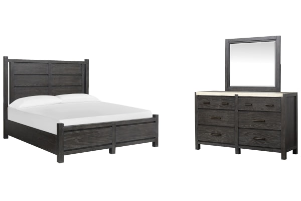 Plum Creek - California King Panel Bed And Drawer Dresser With Landscape Mirror - Ravenwood Black