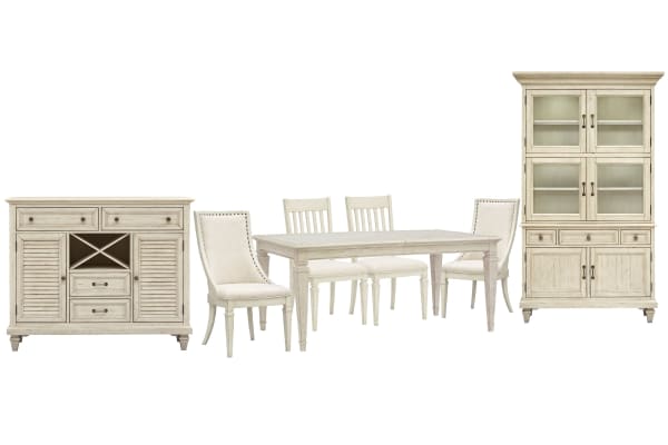 Newport - Extendable Rectangular Dining Table With 2 Side Chairs, 2 Arm Chairs, Server And Dining Cabinet - Alabaster