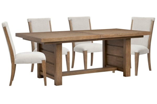 Plum Creek - Extendable Trestle Dining Table With 4 Upholstered Side Chairs - Sierra Brown