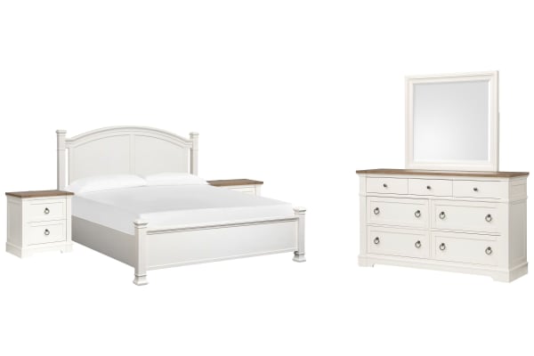 Kingston - California King Panel Bed, 2 Nightstands And Drawer Dresser With Landscape Mirror - Whisper White And Cerused Nutmeg