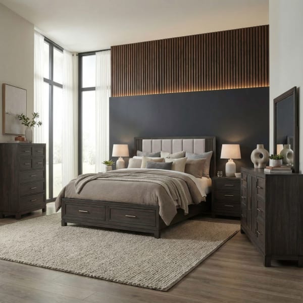 Modern Edge - 5 Piece Bedroom Set (King Storage Bed, Dresser & Mirror, Chest, Night Stand) - Caffe