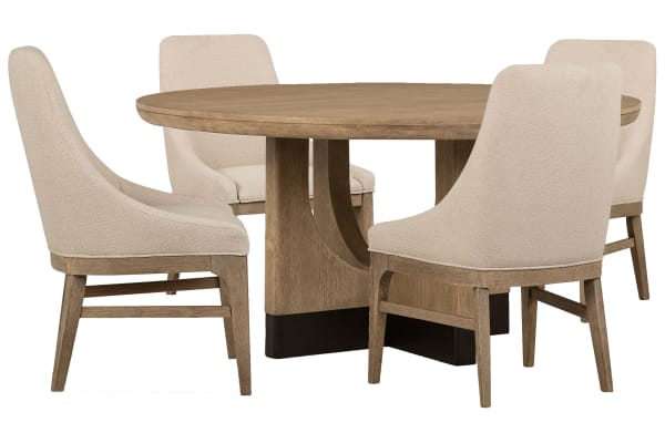 Tristan - 60" Round Dining Table With 4 Arm Chairs - Swiss Coffee / Beige