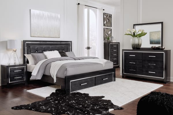 Kaydell - Black - 9 Pc. - Dresser, Mirror, Chest, King Upholstered Panel Bed With 2 Storage Drawers, Roll Slats, 2 Nighstands