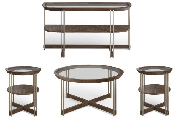 Elora - Round Cocktail Table With 2 End Tables And Demilune Sofa Table - Walnut And Tarnished Silver And Clear Glass