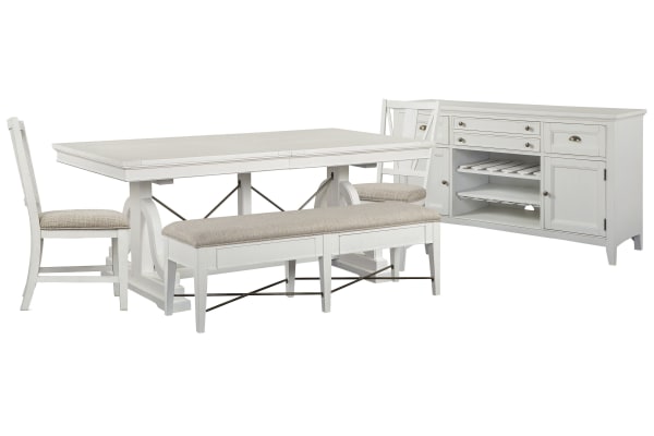 Heron Cove - Extendable Trestle Dining Table With 2 Side Chairs, Upholstered Bench And Buffet - Chalk White And Dovetail Gray