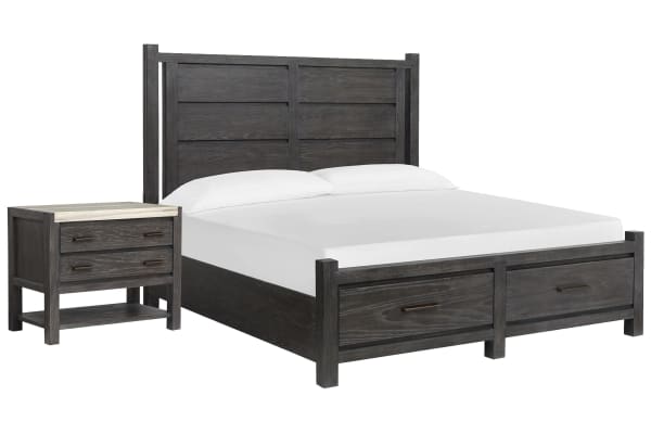 Plum Creek - Queen Panel Storage Bed With Open Nightstand - Ravenwood Black