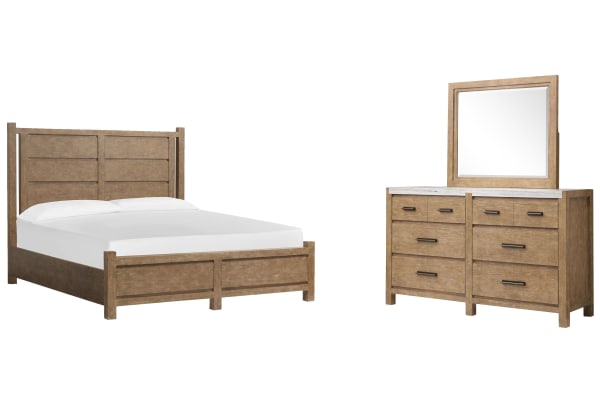 Plum Creek - King Panel Bed And Drawer Dresser With Landscape Mirror - Sierra Brown