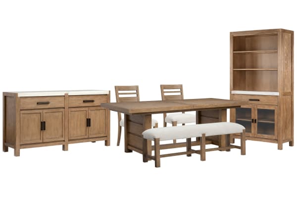 Plum Creek - Extendable Trestle Dining Table With 2 Side Chairs, Bench, Server And Display Cabinet - Sierra Brown
