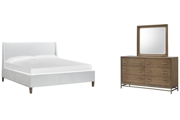 Lindon - King Upholstered Island Bed And Drawer Dresser With Landscape Mirror - Belgian Wheat And Coffee Bean