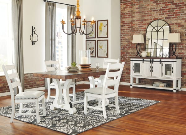 Valebeck - White/Brown - 6 Pc. - Rectangular Dining Room Table, 4 Upholstered Side Chairs, Server