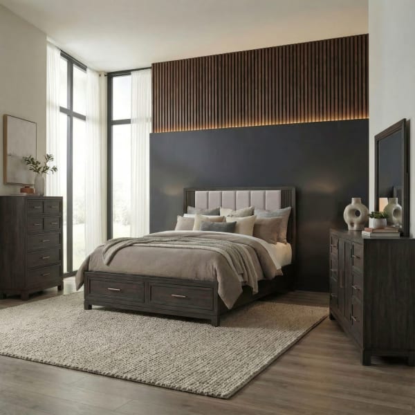 Modern Edge - 4 Piece Bedroom Set (Queen Storage Bed, Dresser & Mirror, Chest) - Caffe