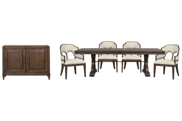 Jubilee - Extendable Trestle Dining Table With 4 Arm Chairs And Bar Cabinet - Brown / White