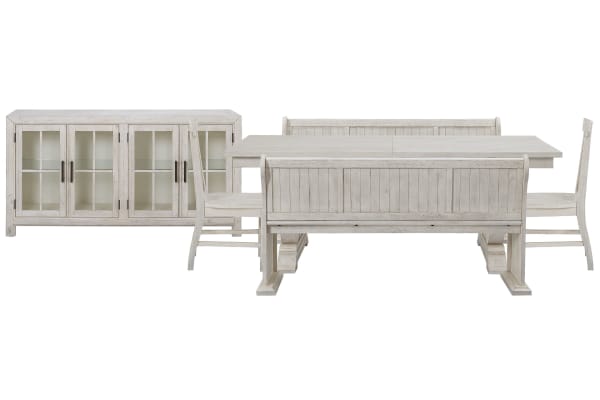 Bronwyn - Extendable Rectangular Dining Table With 2 Benches, 2 Side Chairs And Buffet - Alabaster