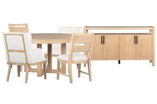 Somerset - Round Dining Table With 2 Side Chairs, 2 Arm Chairs And Sideboard - Butternut / White