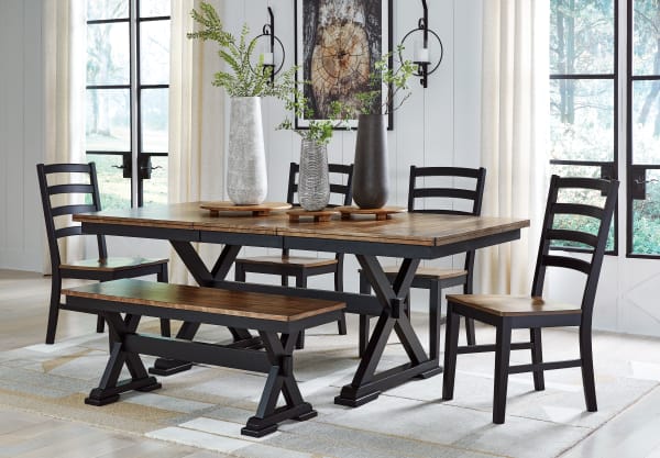 Wildenauer - 6 Pc. - Extension Table, 4 Side Chairs, Bench - Brown / Black