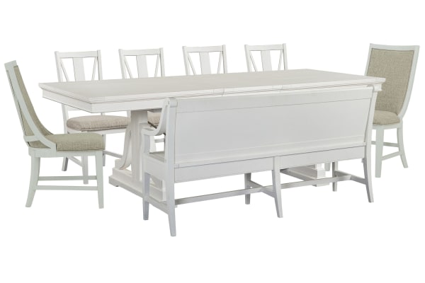 Heron Cove - Extendable Trestle Dining Table With 4 Side Chairs, 2 Host Chairs And Bench - Chalk White And Dovetail Gray
