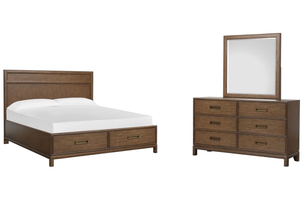 Ridgefield - Queen Panel Storage Bed And Double Drawer Dresser With Landscape Mirror - Russet