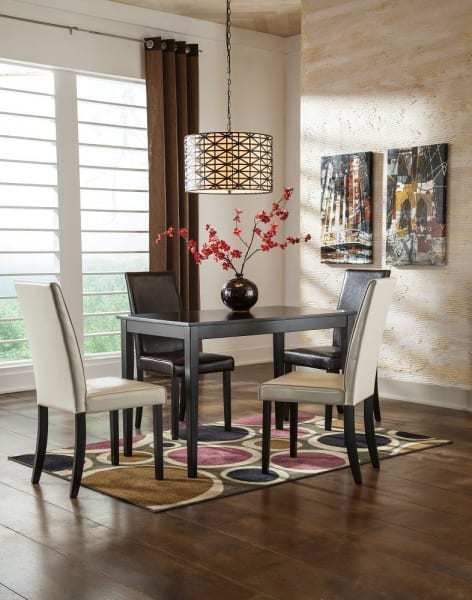 Kimonte - Dark Brown - 5 Pc. - Dining Room Table, 2 Beige Side Chairs, 2 Brown Side Chairs