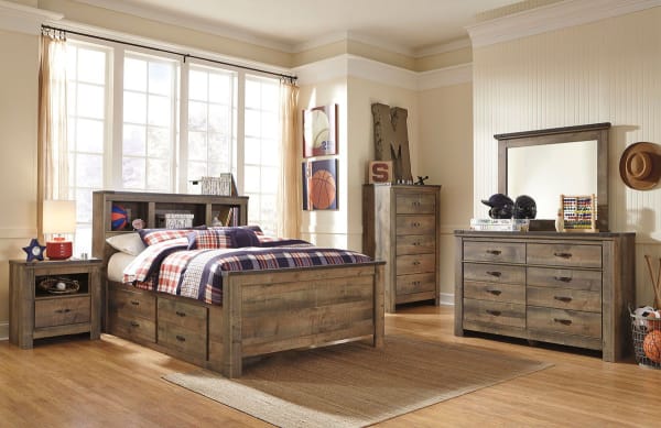 Trinell - Brown - 6 Pc. - Dresser, Mirror, Full Panel Bookcase Bed With 2 Storage Drawers