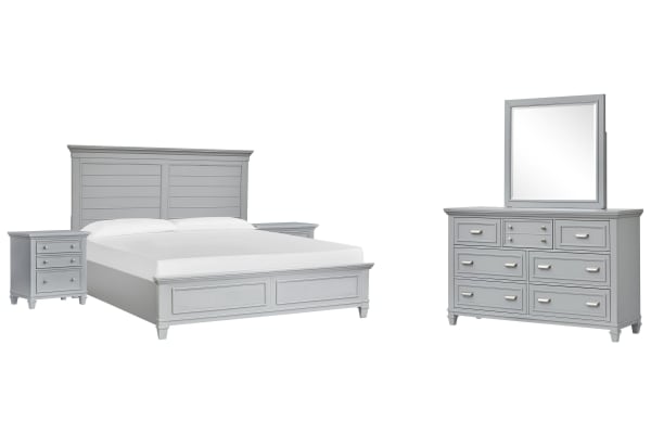 Charleston - California King Panel Bed, 2 Nightstands And Drawer Dresser With Landscape Mirror - Harbor Gray