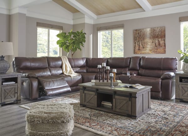 Muirfield - Mahogany - Right Arm Facing Double Reclining Power Console Loveseat, Wedge, Power Reclining Left Arm Facing Loveseat withHeadrest Sectional