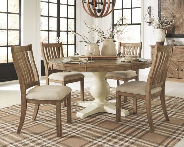 Grindleburg - Light Brown - 7 Pc. - Dining Room Table, 4 Upholstered Side Chairs, Server