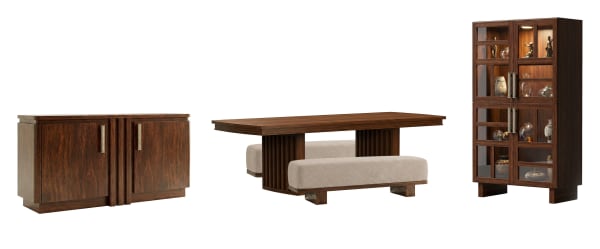 Reena - Extendable Trestle Dining Table With 2 Benches, Sideboard And Display Cabinet - Rich Brown / Beige