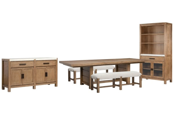 Plum Creek - Trestle Dining Table With 2 Benches, Server And Display Cabinet - Sierra Brown
