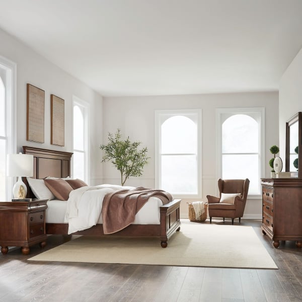Rustic Traditions - 4 Piece Bedroom Set (King Panel Bed, Dresser & Mirror, Night Stand) - Cherry