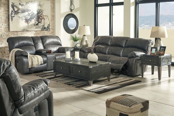 Dunwell - Steel - 6 Pc. - Power Reclining Sofa with Adjustable Headrest, Power Reclining Loveseat with CON/Adjustable Headrest, Power Rocker REC/Adjustable Headrest, Todoe Lift Top Cocktail Table, 2 End Tables