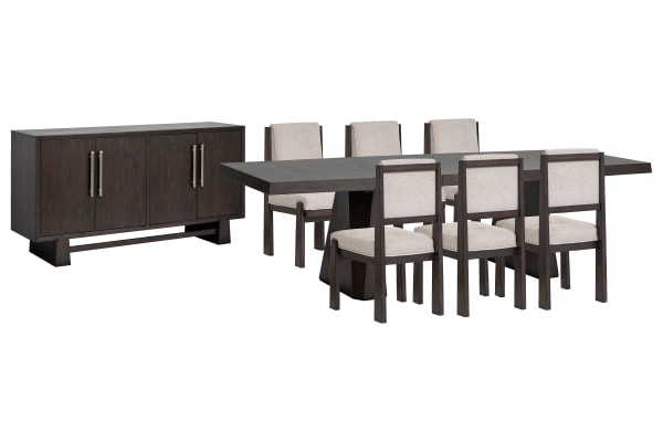 Tauren - Extendable Double Pedestal Dining Table With 6 Upholstered Side Chairs And Buffet - Coffee Bean / Beige