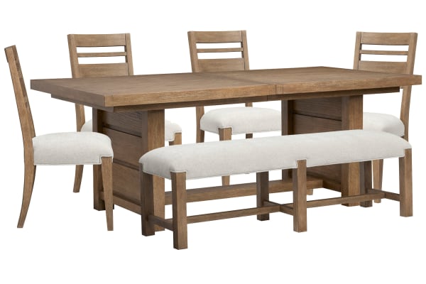 Plum Creek - Extendable Trestle Dining Table With 4 Side Chairs And Bench - Sierra Brown