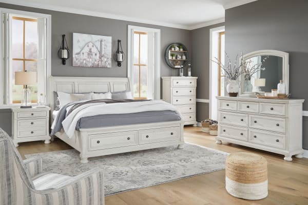 Robbinsdale - 8 Pc. - Dresser, Mirror, Chest, California King Sleigh Bed With 2 Storage Drawers, 2 Nightstands - Antique White