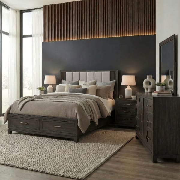 Modern Edge - 4 Piece Bedroom Set (Queen Storage Bed, Dresser & Mirror, Night Stand) - Caffe