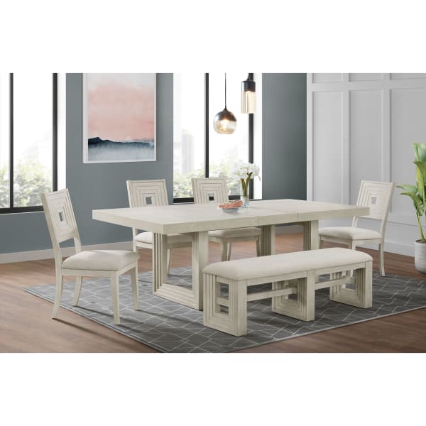 Avalanche - 6 Piece Standard Height Dining Set (Table, Four Chairs & Bench) - Antique White