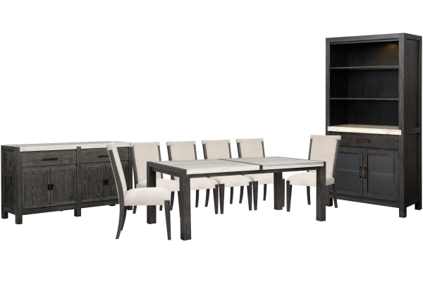 Plum Creek - Rectangular Dining Table With 6 Upholstered Side Chairs, Sideboard And Display Cabinet - Ravenwood Black / White