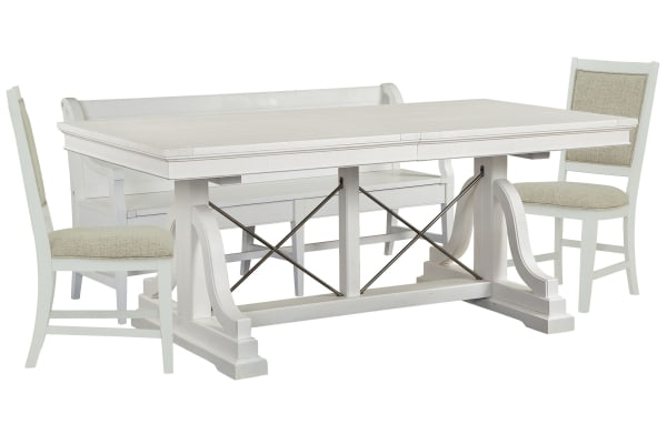 Heron Cove - Extendable Trestle Dining Table With 2 Upholstered Side Chairs And Bench - Chalk White And Dovetail Gray